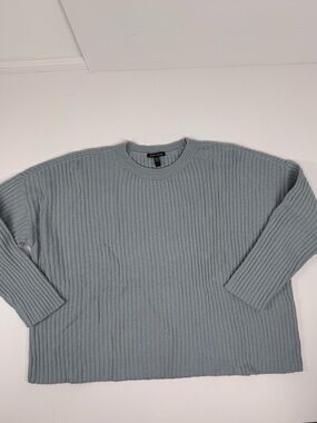 Eileen Fisher Cotton and Cashmere Blend Light Blue Ribbed Crewneck Sweater